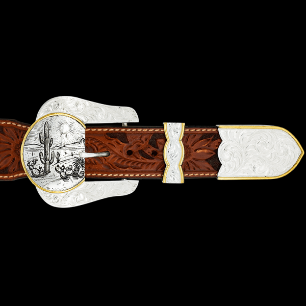 Wear the Spirit of the West with the Silverton Three Piece Buckle Set. The focal point of this buckle is the detailed 3D depiction of the cactus out in the Wild West. This hand engraved set is simply a must! Order now!
